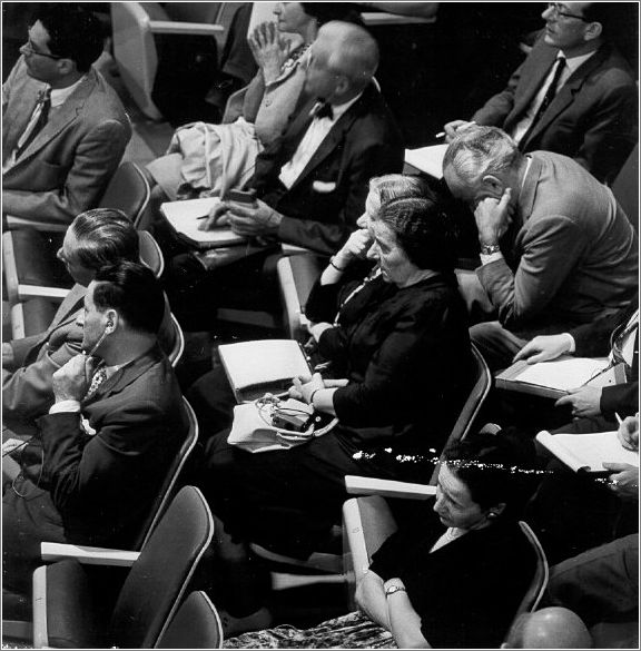 Golda Meir in the spectator seats at the Eichmann Trial
